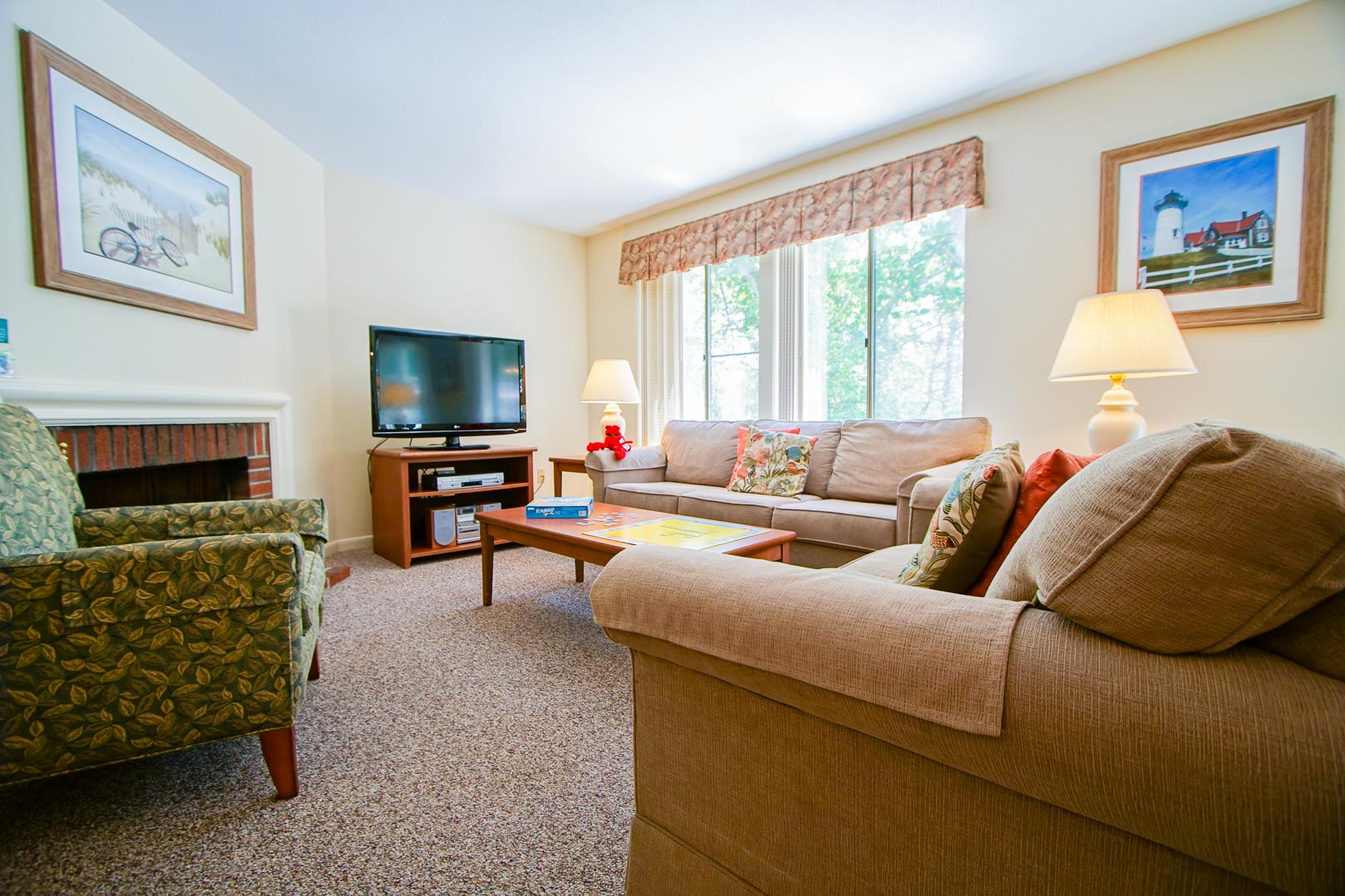 A spacious living room area at VRI's Brewster Green Resort in Massachusetts.